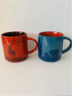 Tim Hortons 2 x Mugs 2017 Limited Edition Coffee Cup Moose Blue Bear Canadiana